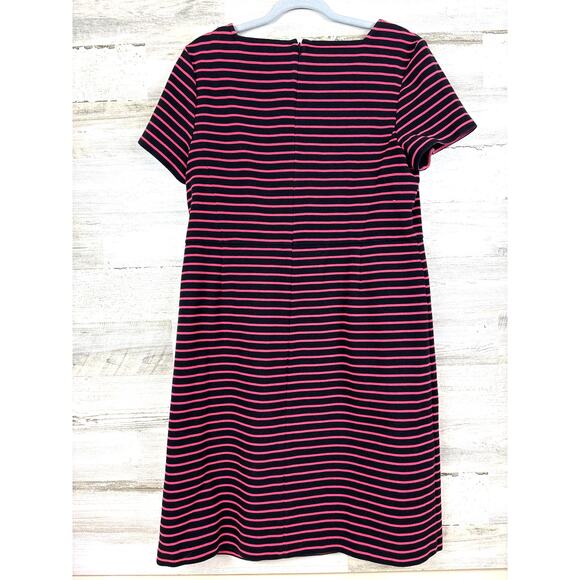 Talbots Women 14 Black Pink Stripe Short Sleeve Knit Stretch A-Line Mini Dress - Picture 2 of 4
